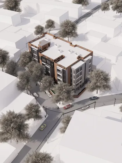 This 3D model of ARCUS shows its relationship with the surrounding low-rise buildings and tree canopy. The model was a crucial tool for us to study sightlines and ensure the building fit harmoniously into its context.