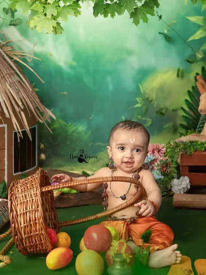 A playful moment in the forest. Our little Ram smiles as he plays with a basket of fruits, showing the joyful and innocent side of the divine.