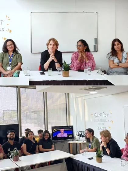 A collage showing Sénatrice Samantha Cazebonne's visit to our campus. She is seen interacting with students and our team, highlighting our strong connections with French educational leaders.