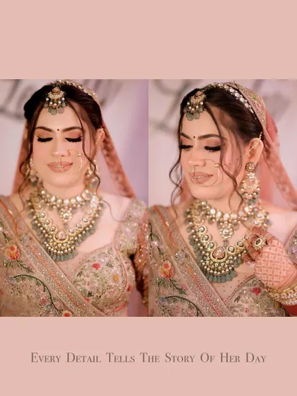 A diptych focusing on the intricate details of the bride's look, from her makeup to her jewelry, telling the story of her special day.