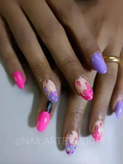 A full view of the playful ice cream-themed nails, a perfect design for summer or a birthday celebration.