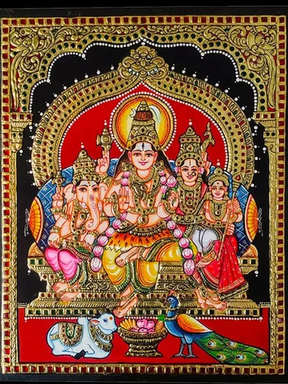 An unframed view of the Shiva Family Tanjore painting. This perspective allows you to appreciate the composition and the individual details of each deity, from Nandi the bull to the peacock.