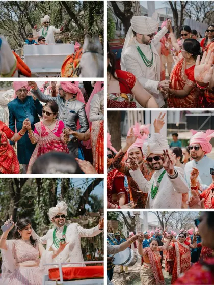 A collage capturing the high energy and vibrant dancing of the Baraat, as the groom's family and friends celebrate his arrival.