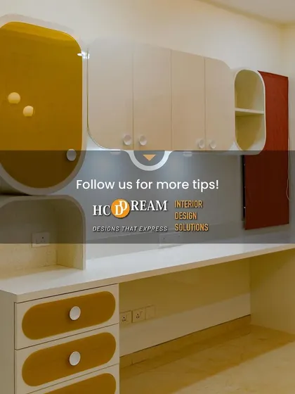Follow us for more tips on creating functional and stylish spaces, like this custom study unit with playful, rounded cabinets in a cheerful color scheme.