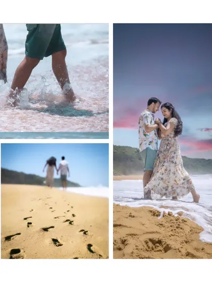 A collage telling the story of a beach pre-wedding shoot. It shows a mix of wide shots, close-ups of details like footprints in the sand, and romantic poses by the water.