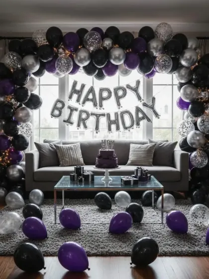 For a more modern and sleek birthday vibe, I designed this living room setup with a black, silver, and purple balloon arch. The confetti and metallic balloons add a touch of sparkle to the celebration.