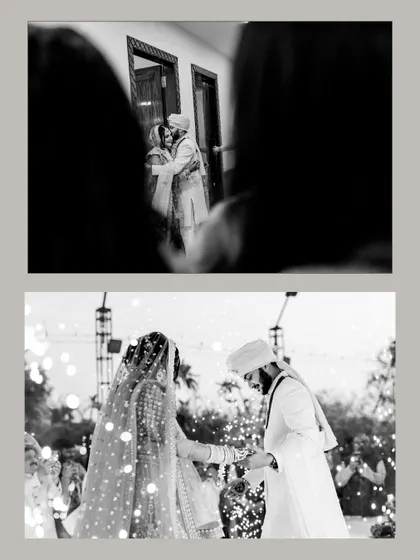 A black and white collage showing a reflection of the couple's embrace and a candid moment from their ceremony, telling a story of intimacy and celebration.