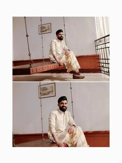 A collage of the groom's solo portraits on the oonjal.