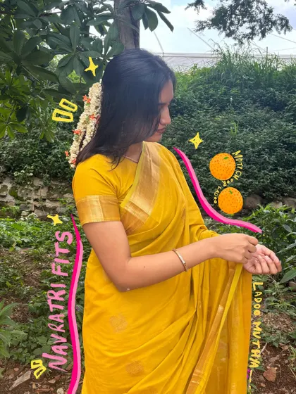 A Navratri fit in a lovely yellow saree, with doodles of laddoo to match the sweet festive vibe.