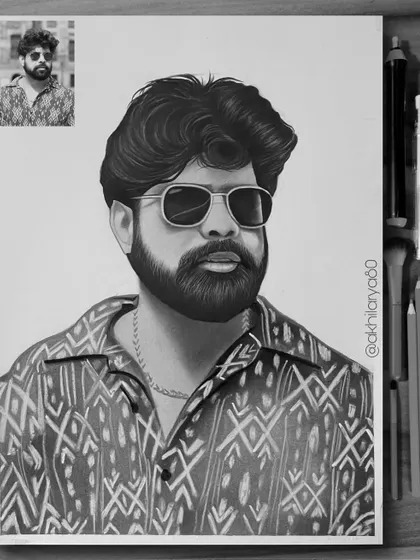 A cool and confident pose captured in this A4 black and white sketch. The sunglasses and patterned shirt add a lot of personality to this detailed graphite portrait.