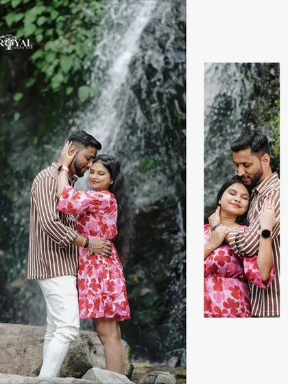 A collage featuring close-up, intimate portraits of a couple with a waterfall as the backdrop, highlighting their emotional connection.