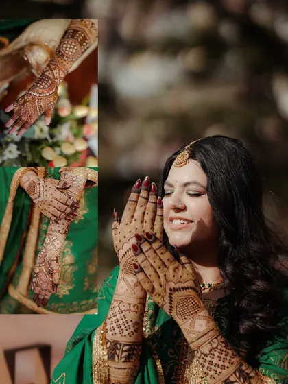 A collage dedicated to the bride's Mehandi. It showcases the beautiful henna designs on her hands and her joyful expressions.