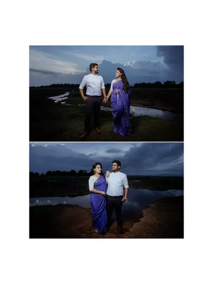 A diptych showing the couple posing against a moody, dramatic landscape, capturing both a wide shot and a closer, more intimate portrait.