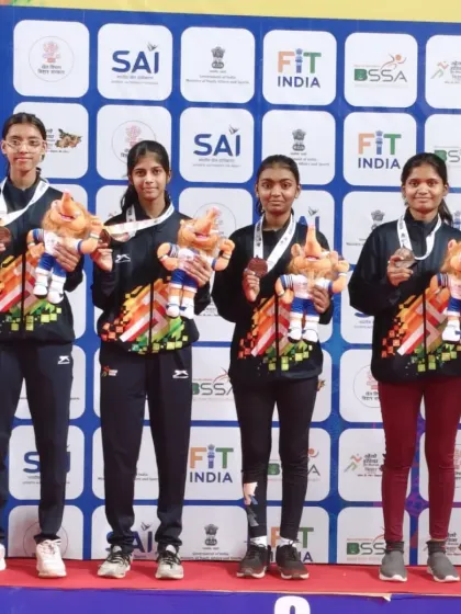 Our women's foil team, including our warrior Anushka Ankamule, on the podium at the Khelo India Youth Games. Their bronze medal win showcases their skill and teamwork on a national platform.