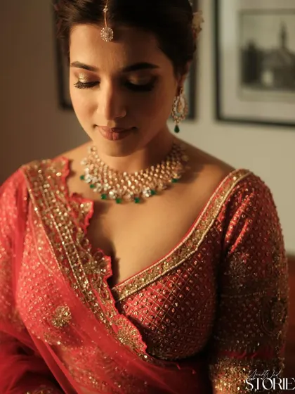 A close-up on the eye makeup, showing a soft glam look with subtle shimmer. This style enhances the eyes without being overpowering, perfect for a timeless bridal aesthetic.