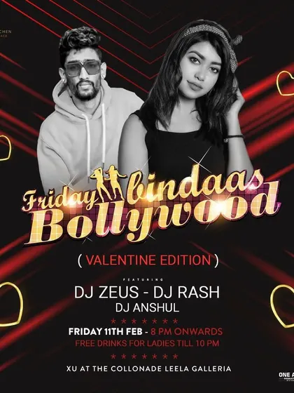 The flyer for a "Friday Bindaas Bollywood" Valentine Edition party. I create special sets for holidays to match the mood of the celebration.