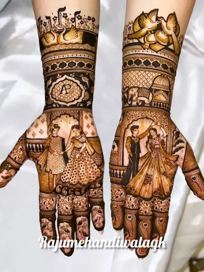 A modern and romantic design featuring the couple in a dancing pose on one palm and in a traditional pose on the other. The arms include swans and love birds, adding to the romantic theme.
