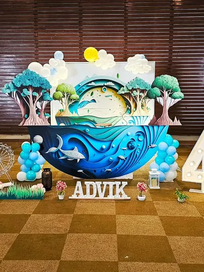 A unique and artistic 3D-style backdrop depicting an ocean wave and forest, creating a surreal and imaginative scene for a 4th birthday.