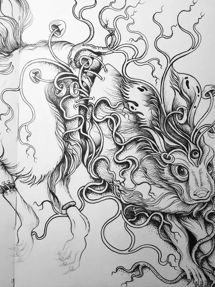 The finished mythical rabbit in the sketchbook.