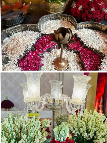 This collage shows the intricate details that go into my setups. On the top, a floral rangoli made with petals, and below, elegant lighting fixtures nestled within fresh floral arrangements, showing how I blend different elements for a complete look.