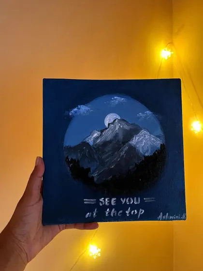 A little motivation for all the dreamers and climbers out there. This painting of a moonlit mountain peak with the words "See you at the top" is a reminder to keep pushing towards your goals. It was a quick and inspiring weekday painting session.