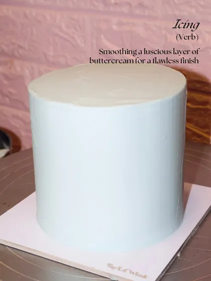 Cake decorating, defined. First up: Icing. This is the process of smoothing a luscious layer of buttercream for a flawless finish, creating the perfect blank canvas.