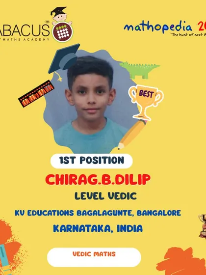 Chirag B. Dilip from Bangalore, a winner in the Vedic Maths category, showcasing the diversity of our programs.