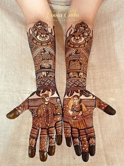 The full view of the bridal mehendi, combining spiritual elements with personal portraits for a truly unique and blessed design.