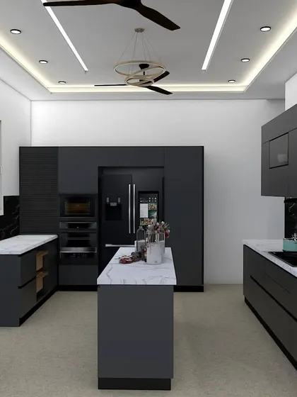 This angle showcases the kitchen's spacious layout and the effective use of vertical storage. The combination of closed cabinets and open shelving provides a balance of hidden organization and stylish display.