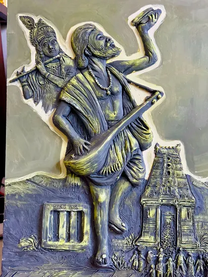 The completed Kanaka Dasa wall mural, fully painted and detailed. The artwork tells the story of his devotion to Krishna, with the Udupi temple and his followers sculpted into the scene. This is a powerful piece for any spiritual space.