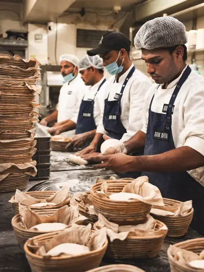 Our team of bakers works in unison, shaping individual loaves. This hands-on process ensures every loaf meets our high standards for shape and texture.