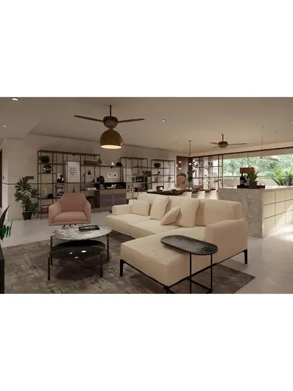 An open-plan living and kitchen render for 'Residence at Hutchins'.
