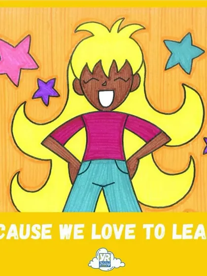 We love to learn. This drawing of a confident, happy girl surrounded by stars embodies the feeling of empowerment our students get from mastering a new skill.