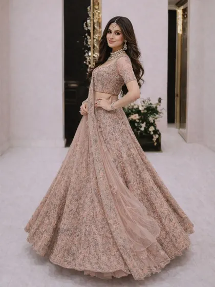 This pose showcases the flattering silhouette of the dusty pink lehenga, with its fitted blouse and voluminous, flowing skirt.