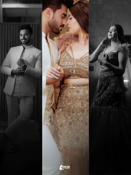 A creative triptych of Puneet and Rachita, blending color and monochrome to tell the story of their Roka.