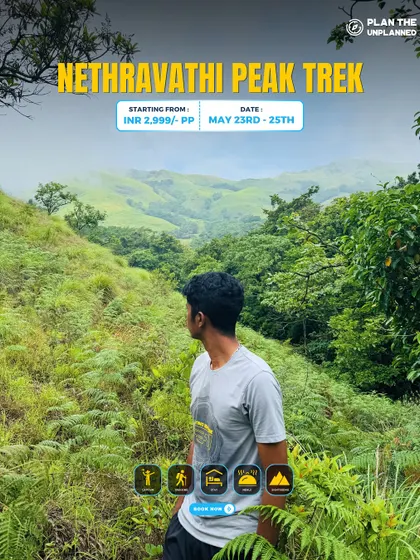 A trekker looks out over the green landscape of the Netravathi Peak trek.