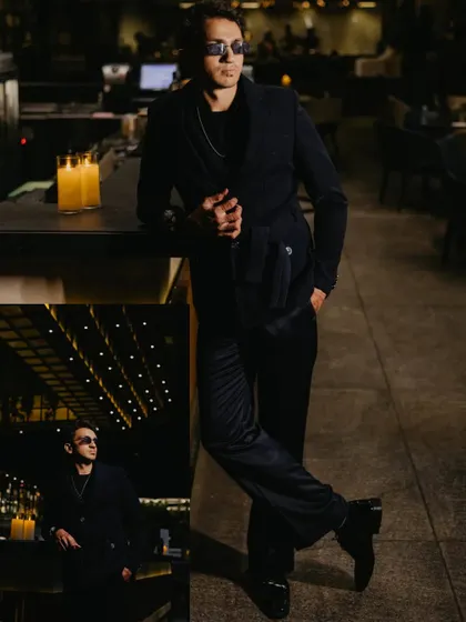 A collage focusing on the groom's dapper look for the cocktail night. His confident poses and stylish outfit are highlighted in this series of portraits.