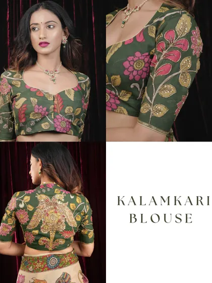 A collage showing the versatility of our green Pen Kalamkari blouse. You can see the detailed front, the artistic back, and the intricate sleeve work, all hand-drawn by artisans.
