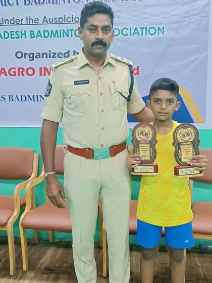 Rehaan D. with his trophies from the Kurnool District Championship, where he won in three different categories.