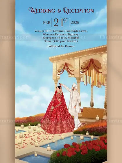 A beautiful illustrated invitation for a wedding and reception. I focused on creating a romantic scene with the couple under a traditional mandap, surrounded by candles and roses, to capture the magic of their big day.