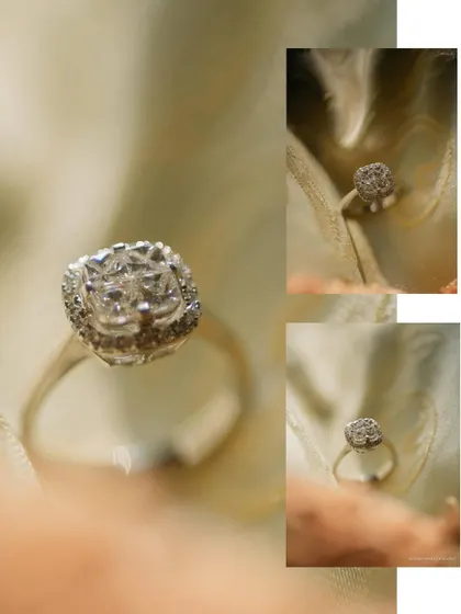 A collage of close-up shots of a diamond engagement ring, showcasing its brilliance and intricate details.