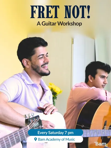 Join our "Fret Not!" beginner guitar workshop, held every Saturday at our Andheri West studio. This poster captures the fun, relaxed atmosphere of the session. No experience or guitar is needed; we provide everything for you to start your musical journey.