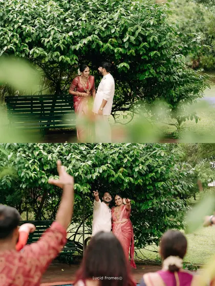 A before-and-after shot of the couple, first in a quiet moment and then celebrating with their friends.