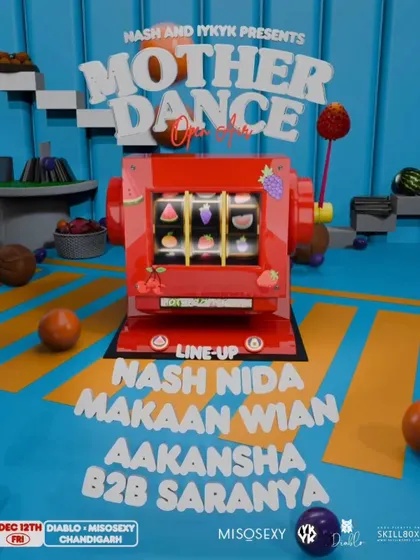 A quirky, colorful poster for a 'Mother Dance' club night in Chandigarh.