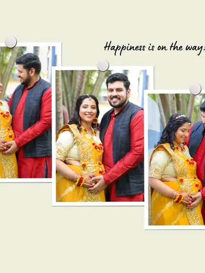 A "Happiness is on the way!" themed collage for a maternity or baby shower album, featuring a collection of sweet couple portraits.