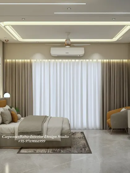 A full view of the bedroom, showing the harmonious blend of modern design, artistic elements, and a calming color palette.