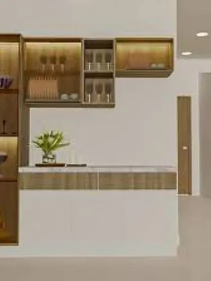 A modern, wall-mounted bar and crockery unit with integrated lighting. The design includes glass shelves for stemware and wooden cabinets for other essentials.