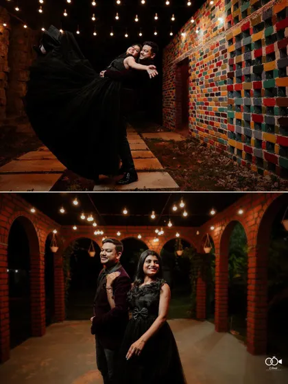 A diptych from a night shoot, showing the couple dancing playfully and sharing a romantic moment under string lights.
