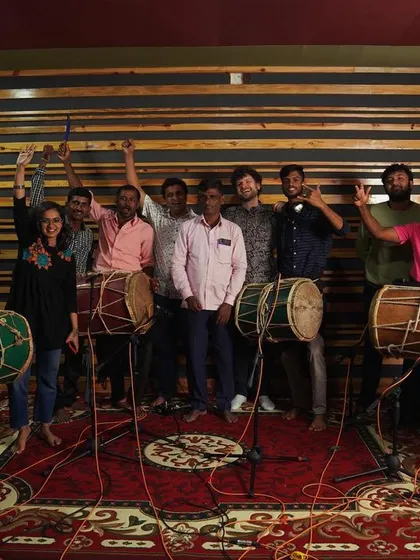A group photo with the Dollu players from Sagara. It's all about family and celebrating the music together.