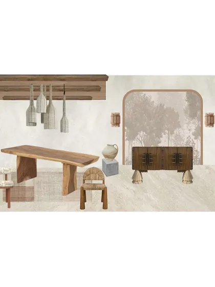 A dining room mood board with a wabi-sabi feel, focusing on a live-edge table, rustic pottery, and a muted, earthy color palette.